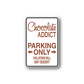 Rectangular parking only sticker with Chocolate Addict lettering and red text arrows