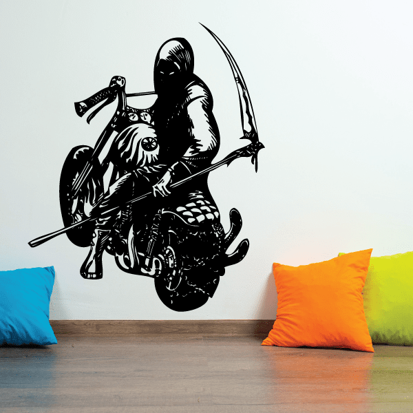 Black vinyl wall decal of a chopper-style biker character with weapon