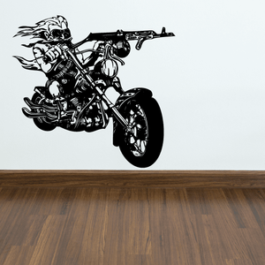 Black vinyl wall decal of a chopper motorcycle with rider