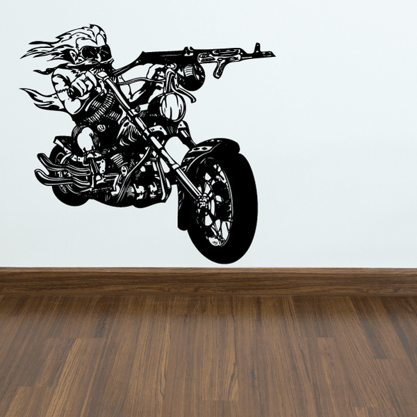 Black vinyl wall decal of a chopper motorcycle with rider