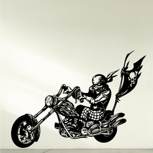 Motorcycle wall decal with black-and-white chopper rider and flames motif