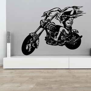 Motorcycle wall decal of a chopper with rider, black vinyl outline style