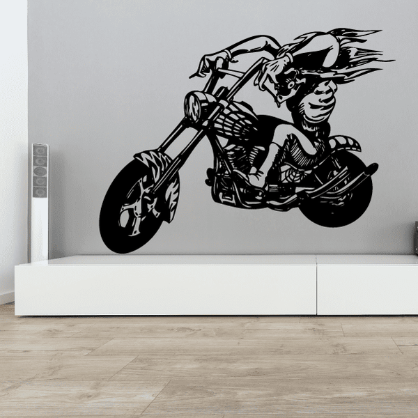 Motorcycle wall decal of a chopper with rider, black vinyl outline style