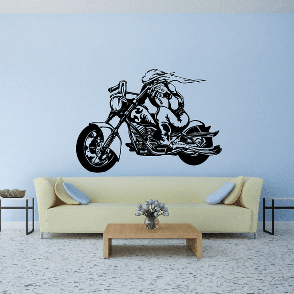 Black vinyl chopper wall decal with motorcycle rider on bike