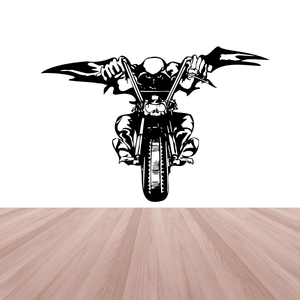 Black and white motorcycle chopper wall decal with rider and dramatic wings
