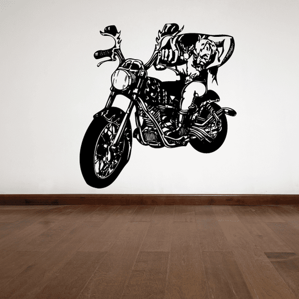 Chopper wall decal vinyl sticker of black motorcycle with rider silhouette