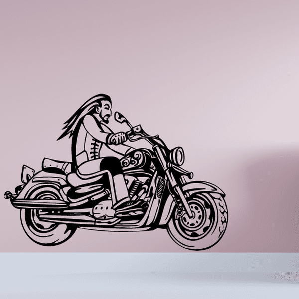 Vinyl wall decal featuring a biker on a motorcycle, black line art