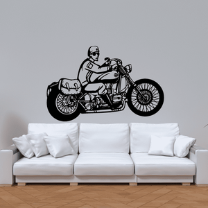 Motorcycle rider wall decal, black biker graphic on a motorcycle