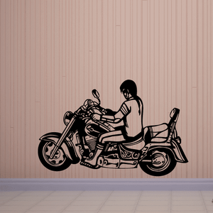 Chopper wall decal vinyl of a rider on a black motorcycle silhouette