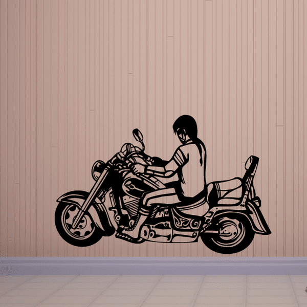 Chopper wall decal vinyl of a rider on a black motorcycle silhouette