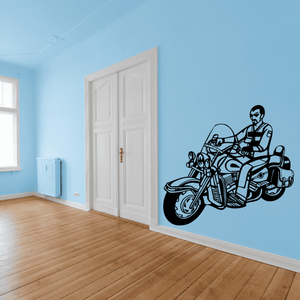 Motorcycle wall decal with rider on black vinyl outline