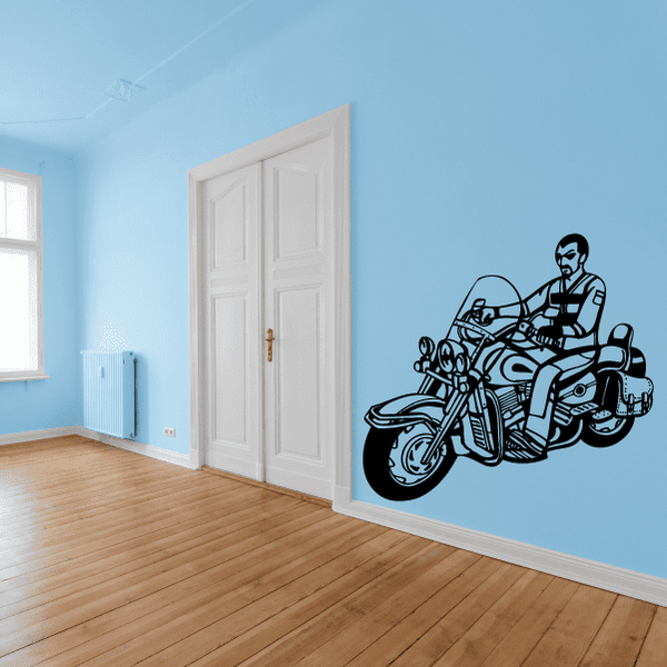Motorcycle wall decal with rider on black vinyl outline