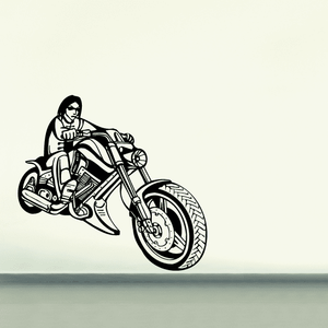 Vinyl wall decal of black chopper motorcycle with rider holding handlebars
