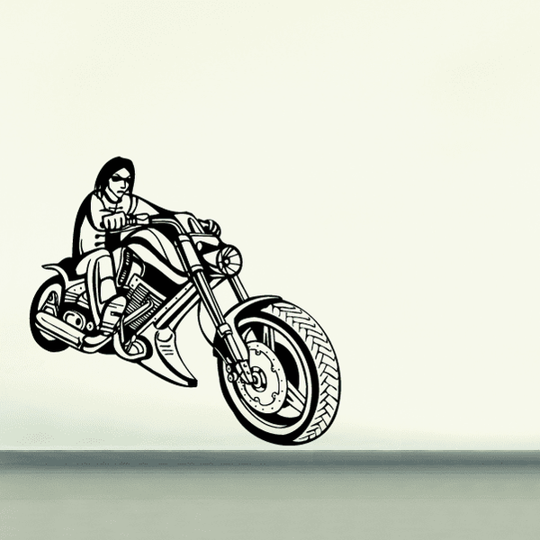 Vinyl wall decal of black chopper motorcycle with rider holding handlebars