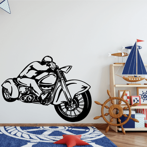 Chopper wall decal of a black-and-white motorcycle illustration with bold outlines