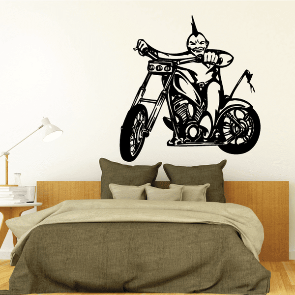 Motorcycle rider wall decal: black chopper with seated figure and front wheel