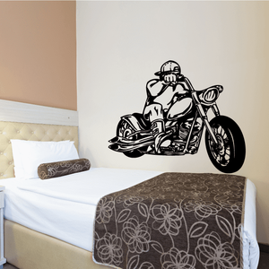 Black chopper motorcycle wall decal with rider on bike silhouette