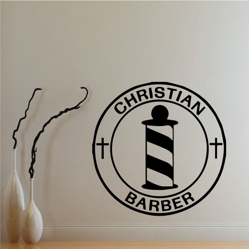 Christian Barber wall decal, circular logo with barber pole and text