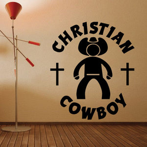 Christian cowboy decal with black lettering, cowboy hat icon and cross symbols
