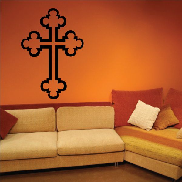 Black Christian cross wall decal with ornate scroll arms