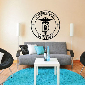 Christian dentist wall decal, round black emblem with cross and dental staff icon