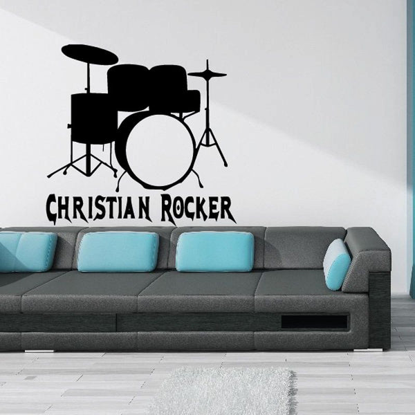 Christian drummer decal with black drum kit and CHRISTIAN ROCKER lettering