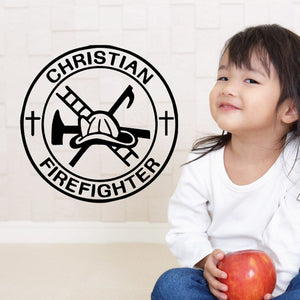 Circular Christian Firefighter decal with black helmet and axe symbols and text
