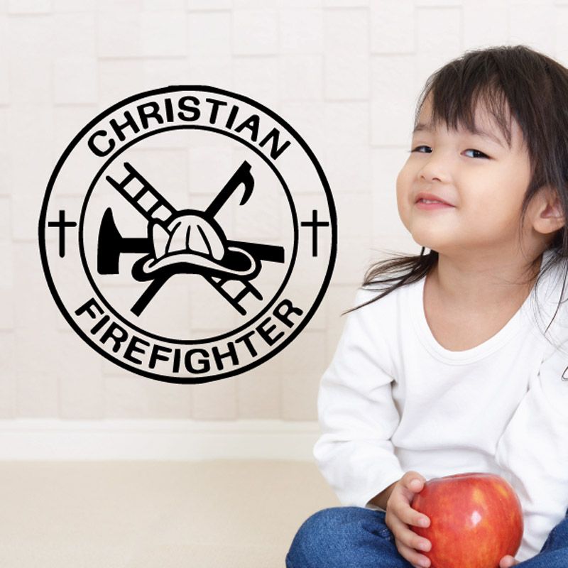 Circular Christian Firefighter decal with black helmet and axe symbols and text