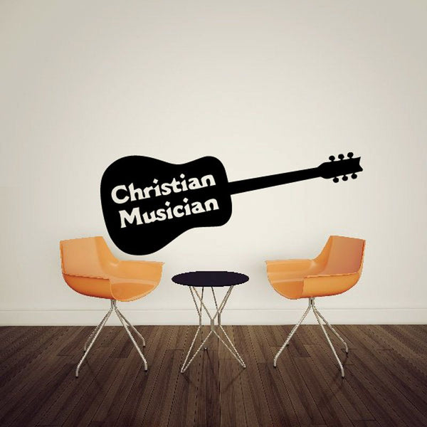 Christian musician wall decal shaped like guitar pick with text and guitar neck