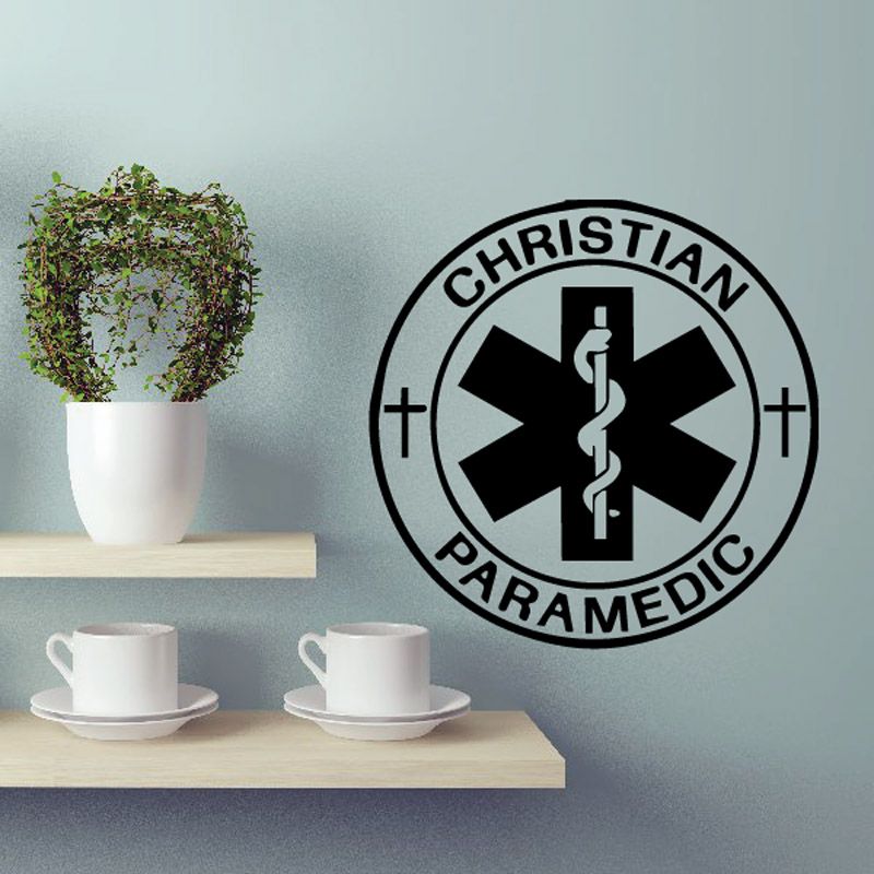 Round Christian paramedic wall decal with caduceus cross and ring text