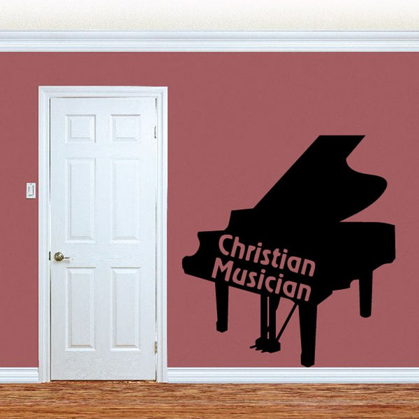 Christian musician wall decal with black piano silhouette and Christian Musician text