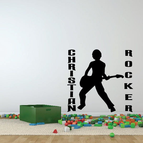 Guitar player decal with black silhouette and vertical “Christian” and “ROCKER” text
