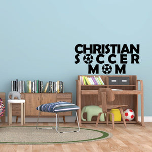 Soccer mom wall decal: CHRISTIAN SOCCER MOM with black soccer balls