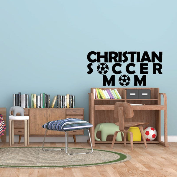 Soccer mom wall decal: CHRISTIAN SOCCER MOM with black soccer balls