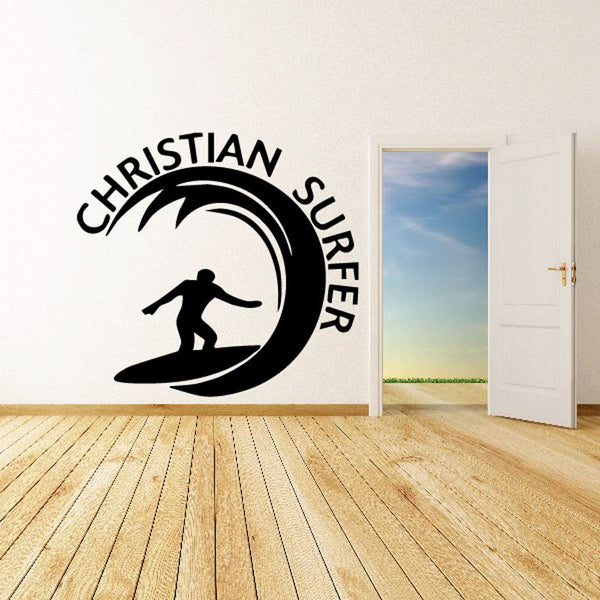 Christian surfer decal: circular logo with surfer silhouette and CHRISTIAN SURFER text