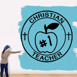 Christian teacher decal, circular design with cross and #1 apple icon, blue background
