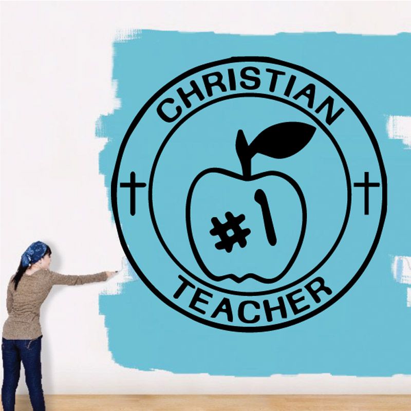 Christian teacher decal, circular design with cross and #1 apple icon, blue background