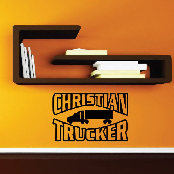 Christian trucker vinyl decal with bold black logo, cross, and truck silhouette