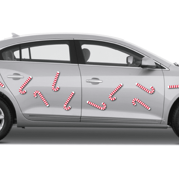 Red-and-white candy cane magnets on car door, striped candy cane shapes