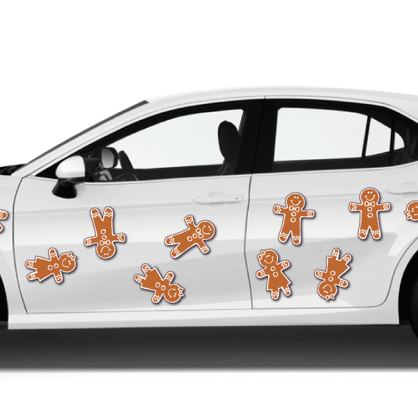 Orange gingerbread magnet set with smiling couple figures and white outlines.
