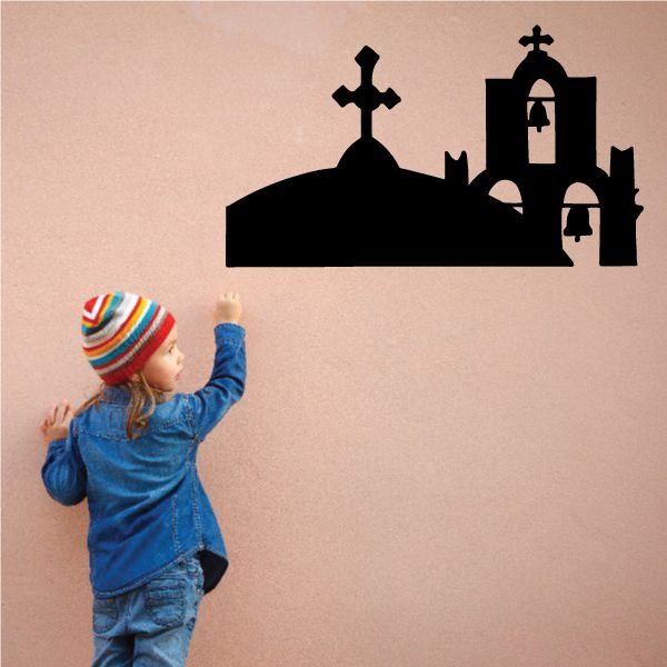 Black church bells silhouette wall decal with tall steeple and arched bell openings