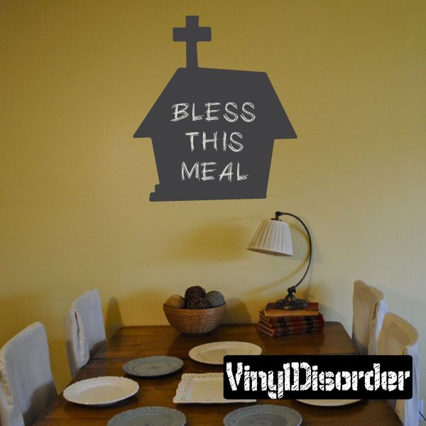 Chalkboard-style house decal with cross and text 'BLESS THIS MEAL'