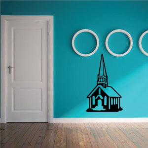 Church decal of black outline church with cross and three white rings