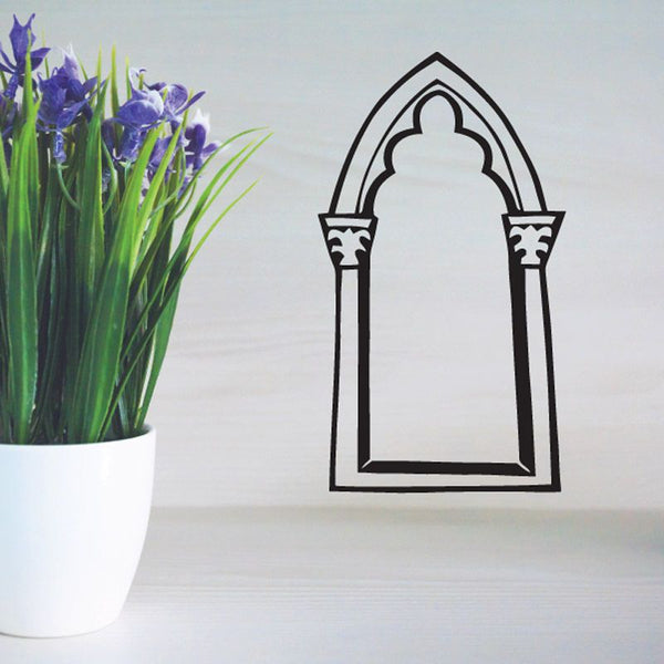 Black church window decal with arched cross-shaped panel outline
