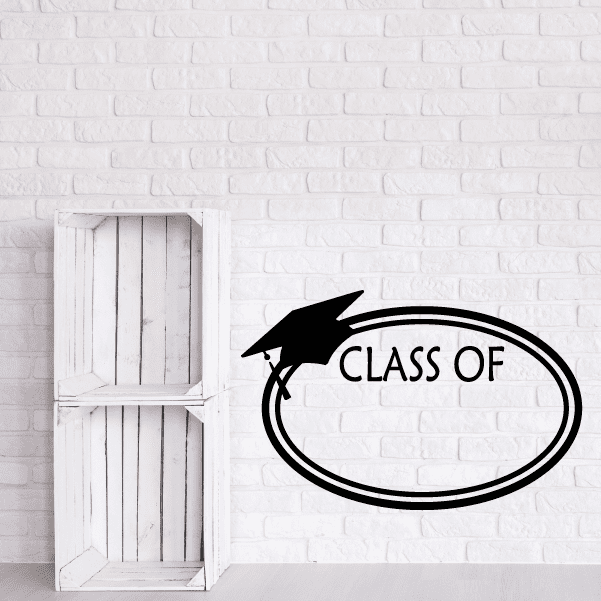 Graduation class of decal: black oval frame, mortarboard, 'CLASS OF' lettering.