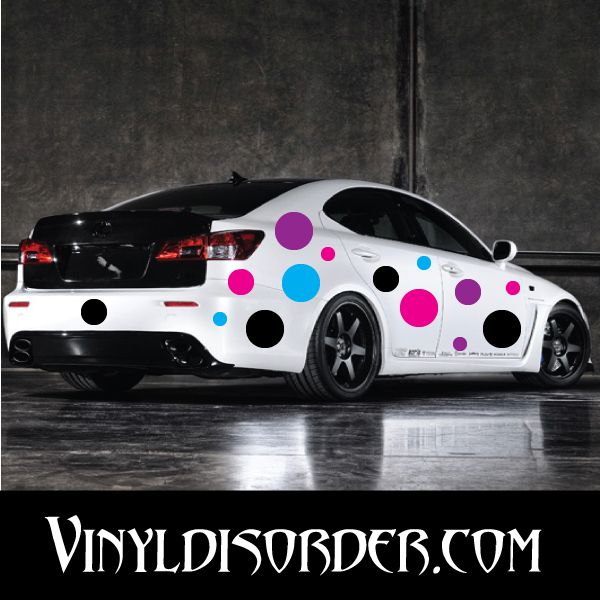Circle and dot wall decal stickers with purple, blue, black, and white dots