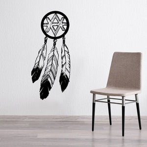 Dream catcher wall decal with black circular web and hanging feather design