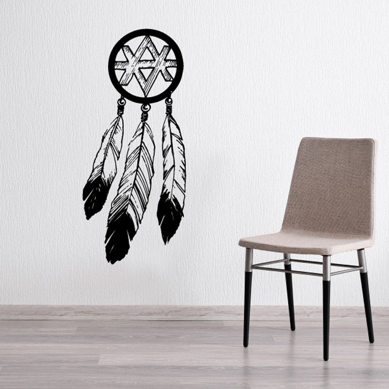 Dream catcher wall decal with black circular web and hanging feather design