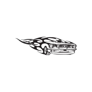 Mustang front-end flame decal with black-and-white vintage car