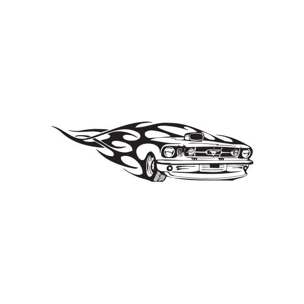 Mustang front-end flame decal with black-and-white vintage car